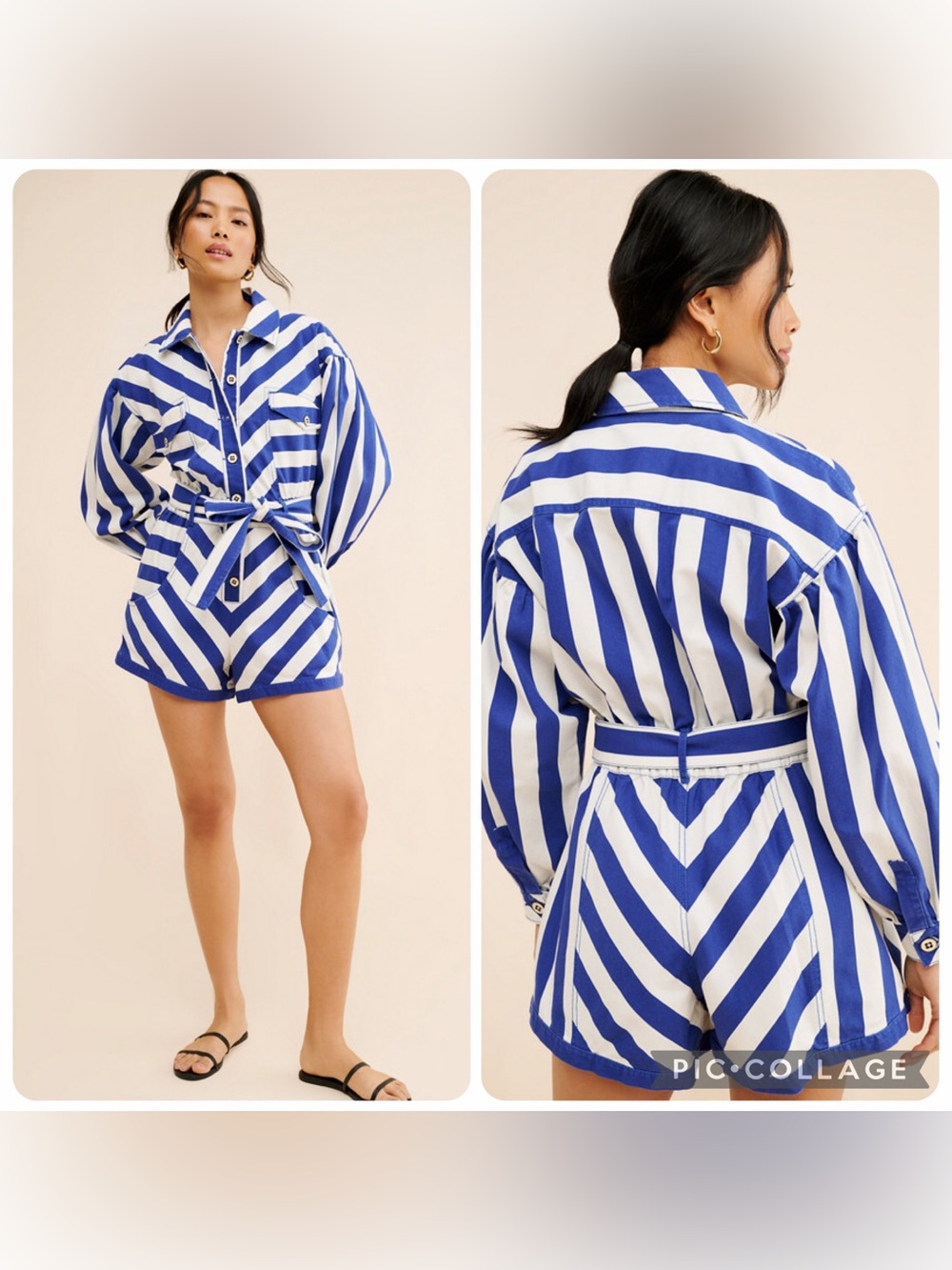 XS farm Rio belted denim romper shorts long sleeve blue white stripe chevron